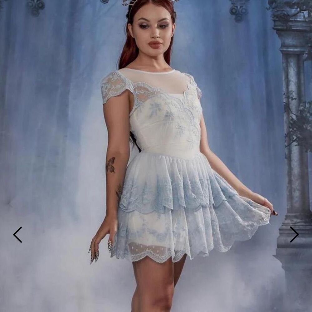 Dolls Kill Widow Blue Lace Mini Dress Ruffle Sheer Mesh Goth Y2K Fairycore